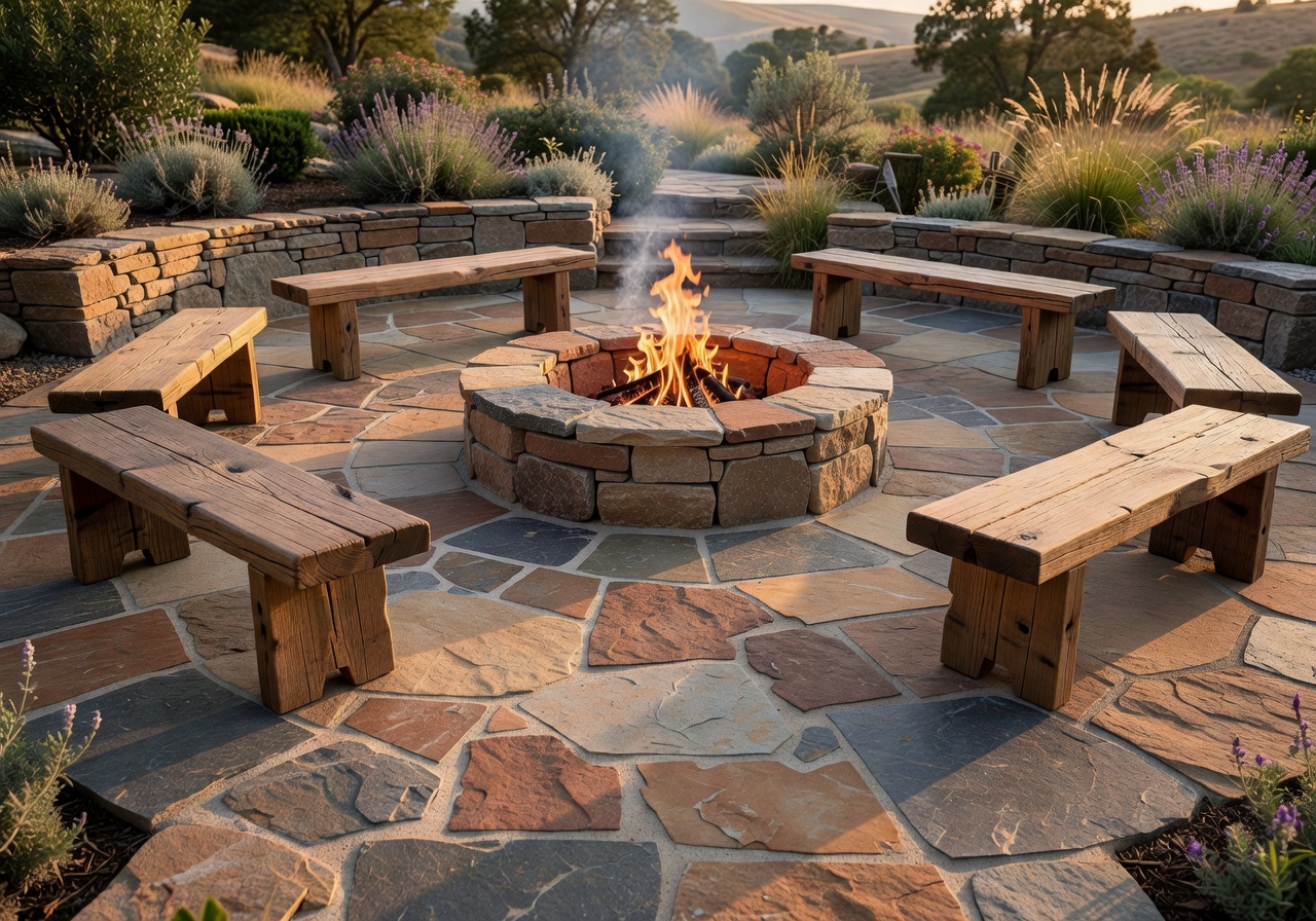 Artisanal stone patio integration with a fire pit area
