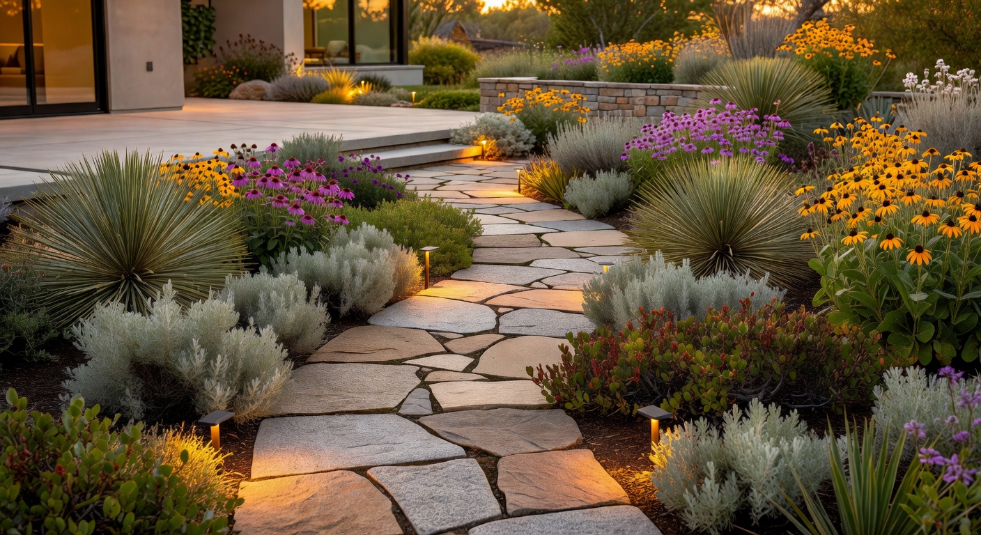 Beautifully landscaped modern backyard with native plants, warm lighting, and natural stone pathways