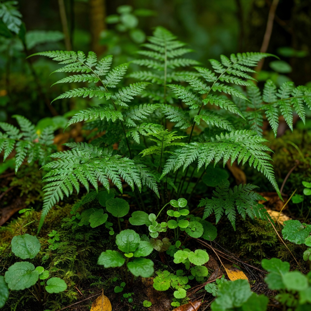 Close up view of lush green ferns and native forest floor plants