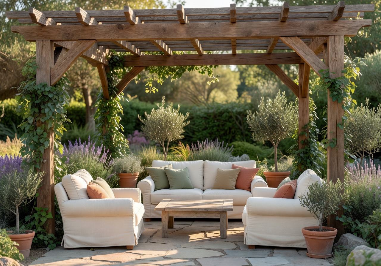 Comfortable outdoor seating area under a wooden pergola