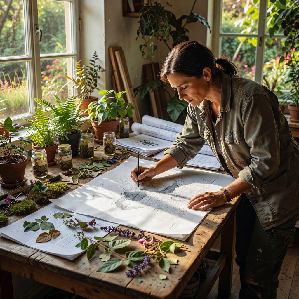 Landscape architect sketching a design plan on a wooden drafting table surrounded by plant samples