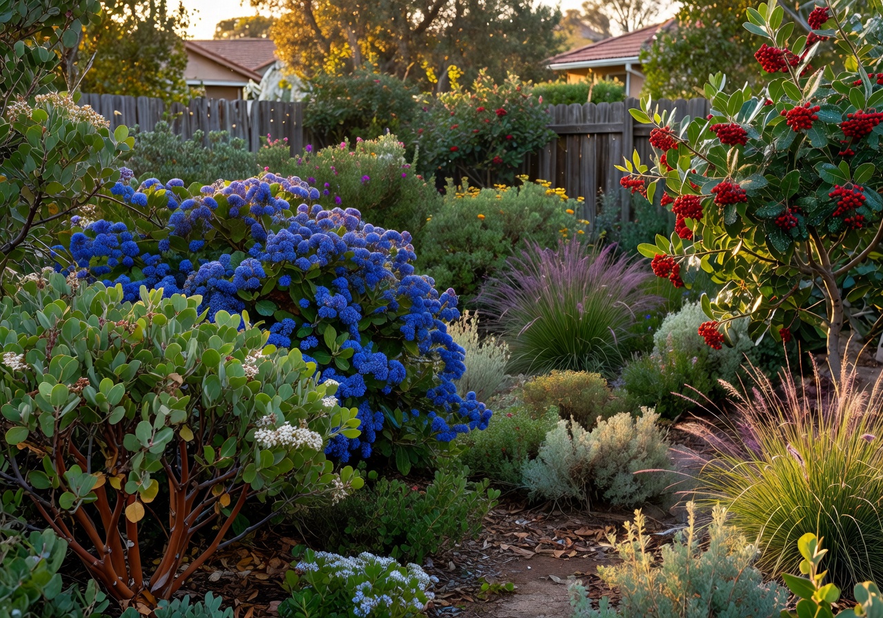 Lush residential backyard garden with diverse native shrubbery